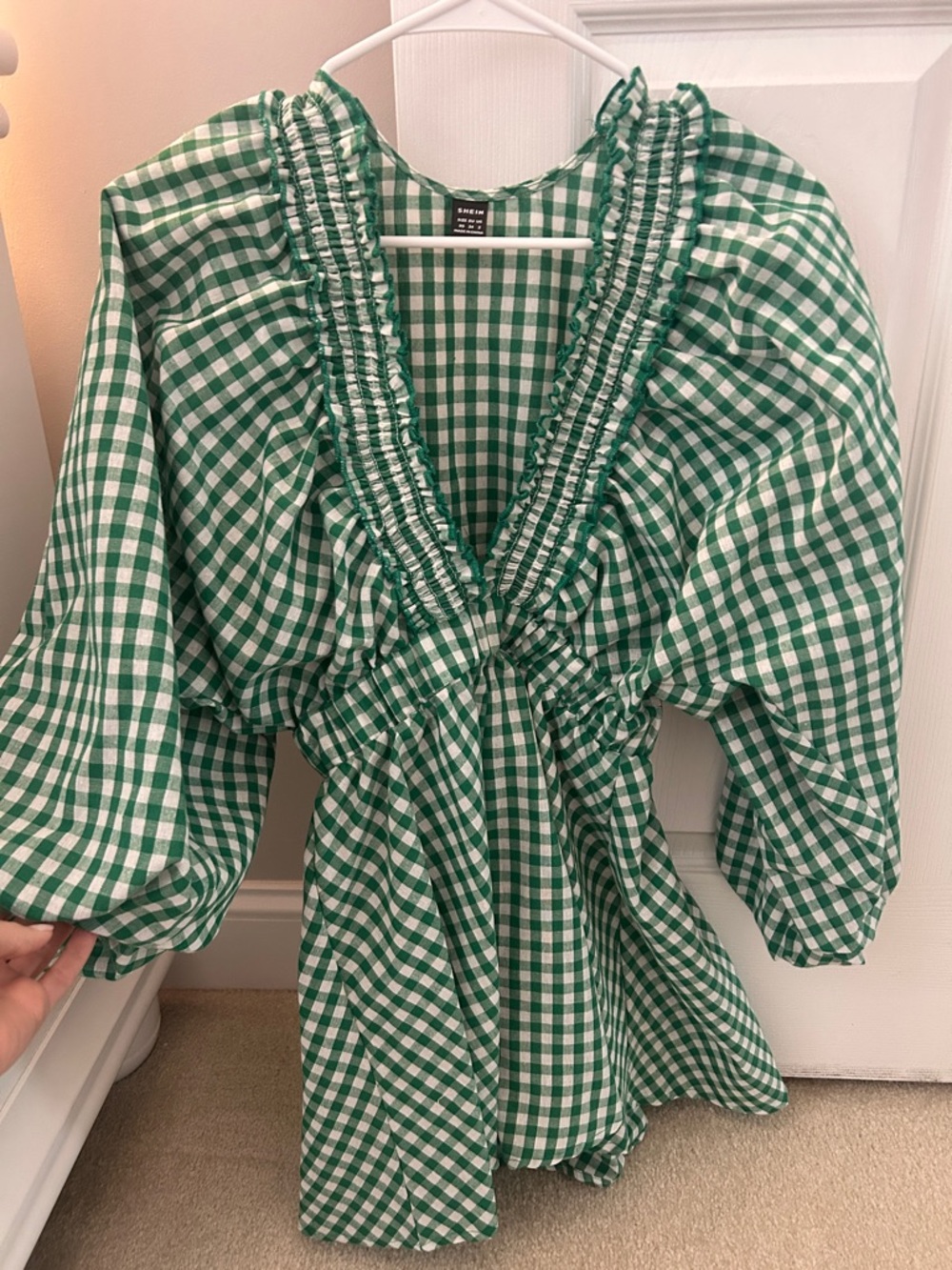 Green & White Gingham Ruffle V-Neck romper
